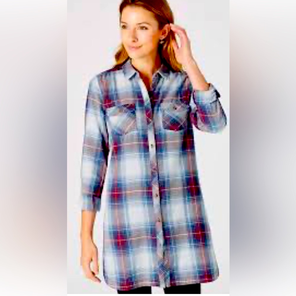 J. Jill Red and Blue Plaid Long Sleeve Button-Up Shirt/dress L oversized